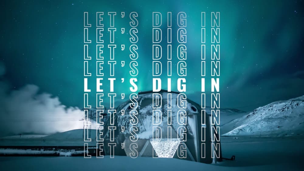 A video still with the words “Let’s Dig In” stacked over a steaming geothermal plant in a snowy landscape.